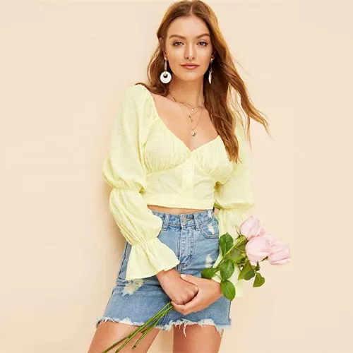 SHEIN Укороченный Топ С Открытой Спиной И Глубоким Вырезом, Блузка С Оригинальными Рукавами - Цвет: Цвет: желтый
