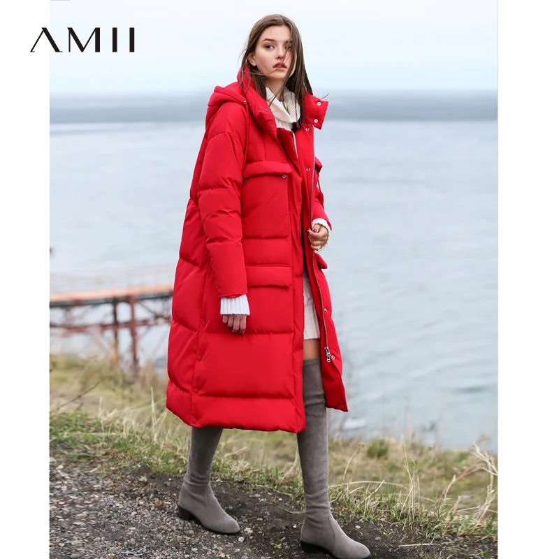Amii, минималистичный женский длинный пуховик, зима, Повседневный, Одноцветный, с карманами, толстый, теплый, 90%, белый утиный пух, женский пуховик с капюшоном