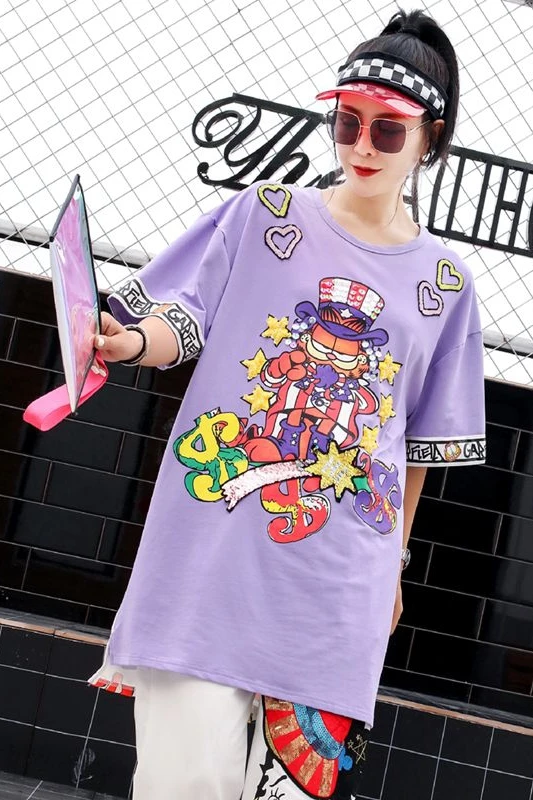 

Summer short-sleeved female 2019 ladies cartoon sequined print T-shirt female long section loose wild short-sleeved dress