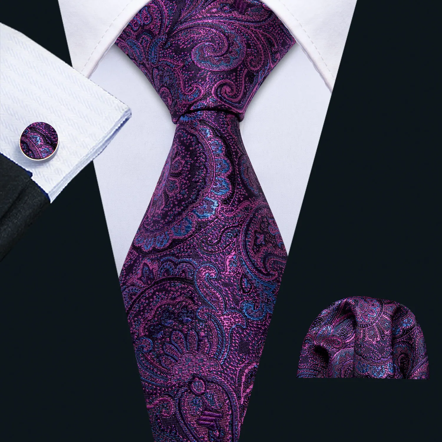 

Men Ties Silk Woven Necktie Purple Floral Tie Set Handkerchief Cufflinks Paisley Neck Tie Designer Male Gift Barry.Wang FA-5158