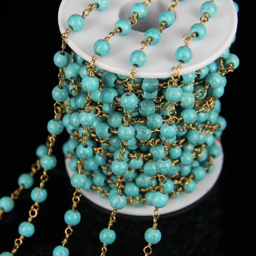 

Smooth Natural Blue Tur quoise Round Beads Chains,Wire Wrapped Golden Brass Links Bracelet,6mm