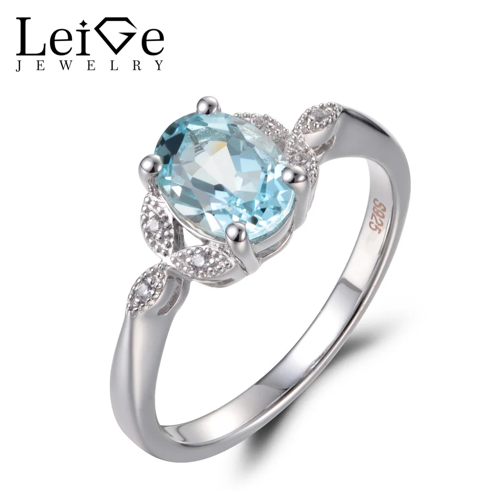 

Leige Jewelry Natural Sky Blue Aquamarine Ring Cocktail Rings Oval Cut Gems 925 Sterling Silver March Birthstone Fine Jewelry