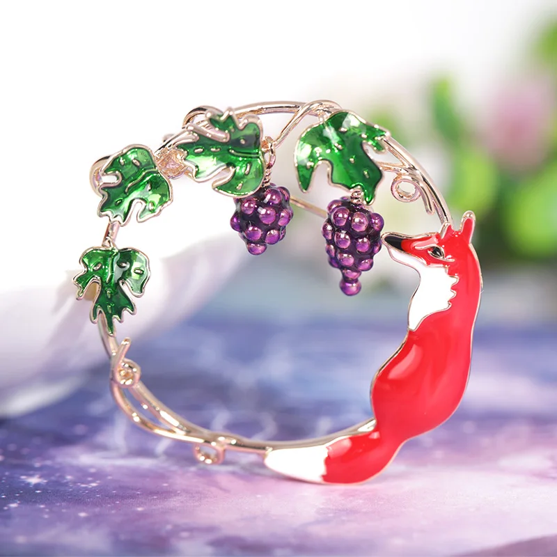 Funmor милая лиса животное брошки винограда медная эмалированная заколка для