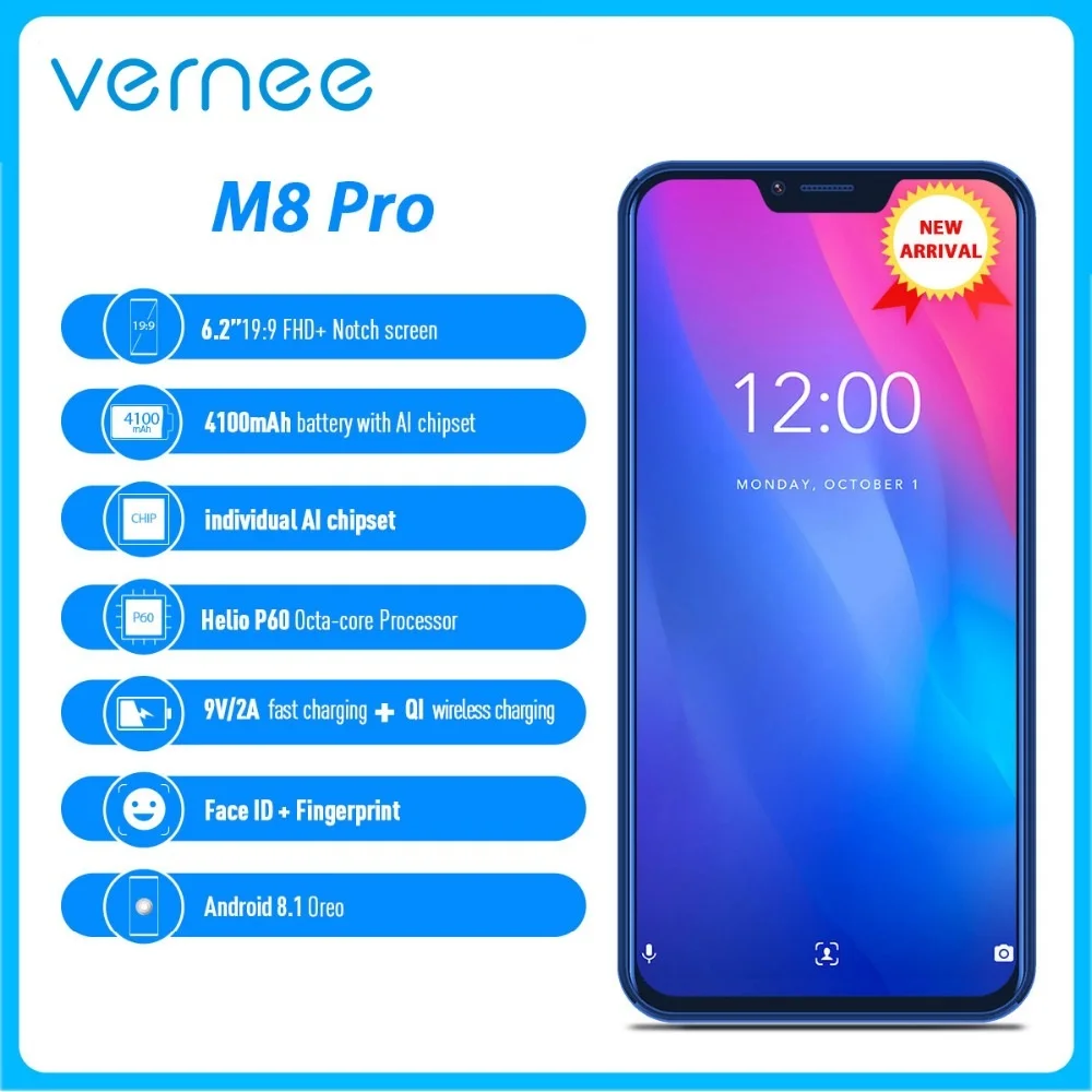 Мобильный телефон Vernee M8 Pro 6 2 дюйма ГБ ОЗУ 64 Гб ПЗУ Helio P60 4100 мАч 16 Мп + 8 Беспроводная