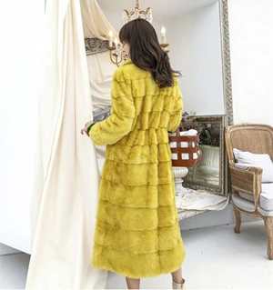 yellow Женское длинное пальто из натурального меха норки, зимняя приталенная теплая Женская длинная куртка из меха норки с отложным воротником - Цвет: yellow