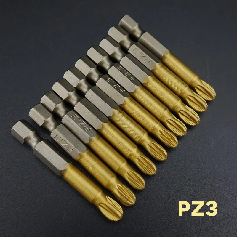 10 unids/lote 50mm-127mm S2 Titanize puntas de Pozidrive hexagonal apuñalado antideslizante destornillador magnético de una sola cabeza PZ1 / PZ2 / PZ3