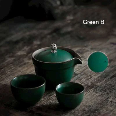 Green B Пинни кунг-фу портативный чайный набор включает в себя 1 горшок 2 чашки с пакетом пигментированный дорожный чайный набор керамический японский стиль посуда для напитков - Цвет: Green B