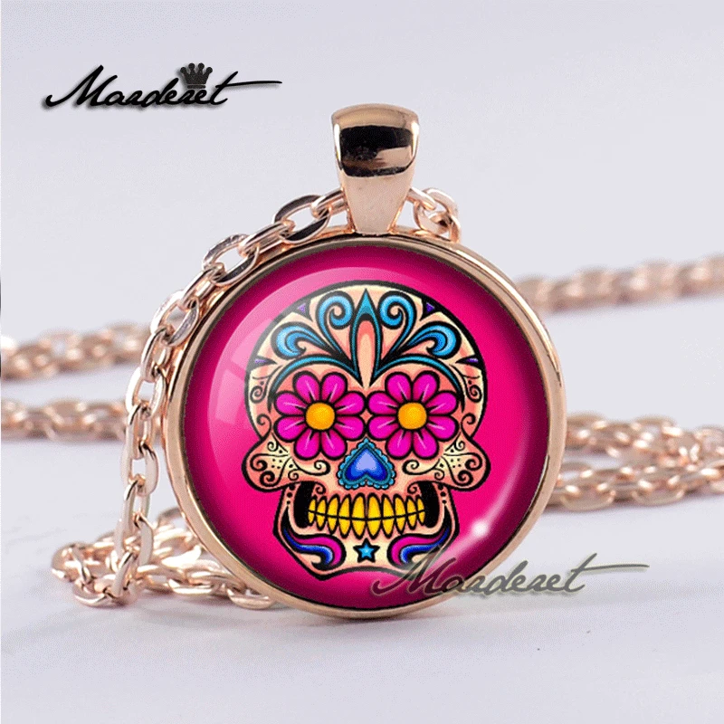 Maderet Gothic Sugar Skull Glass Cabochon Necklace Handmade Jewelry Dome Art Round Retro Pendant | Украшения и аксессуары