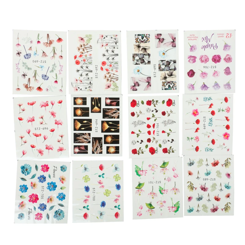 24 шт акварельные цветочные наклейки для ногтей набор Фламинго морская лошадь
