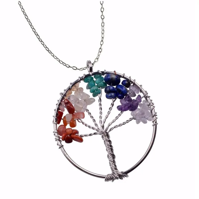 Tree of life Pendant handmade wire wrapped natural quartz stone necklace yoga pendant for woman 7chakras  gift