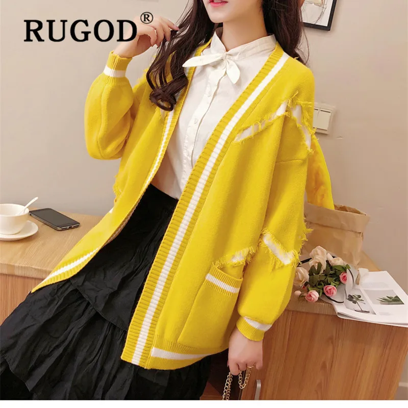 RUGOD Korean ins popupar women knitted cardigan sweater Elegant lantern sleeve open stitch streetwear Oversized tassel coat |