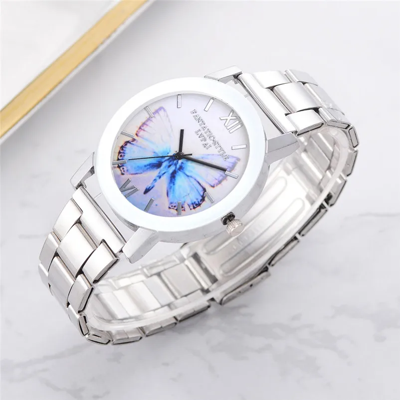 Женские серебряные часы с принтом бабочки классические модные повседневные