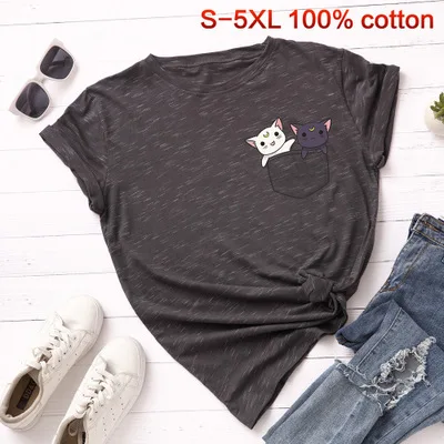 marble gray SINGRAIN/женская футболка с милым рисунком котенка из мультфильма, модные топы с карманом и котом из хлопка, большие размеры, футболка с принтом животных kawaii, Новинка - Цвет: marble gray