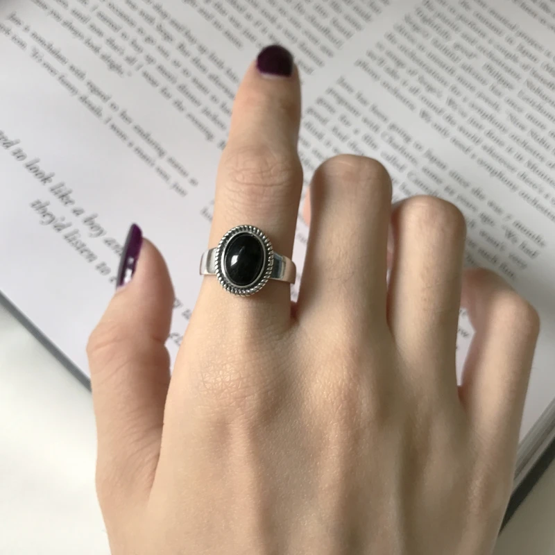 

925 Sterling Silver Oval Black Agate Cabochon Twisted Charm Vintage Open Ring For Women And Girls Party Gifts Stone Jewelry