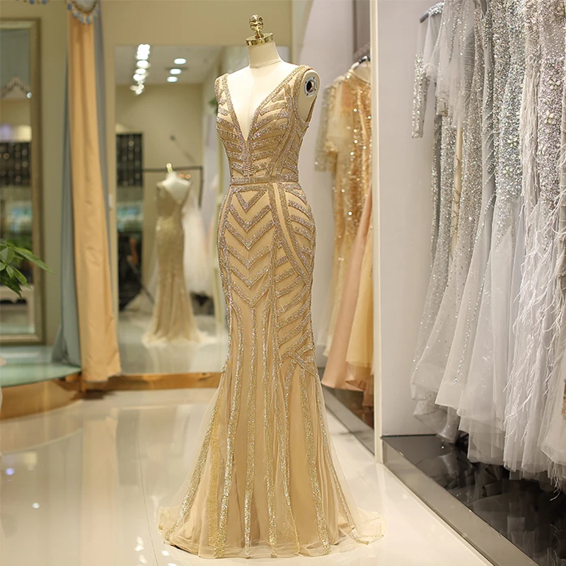 Женское вечернее платье-русалка золотистое платье с V-образным вырезом без