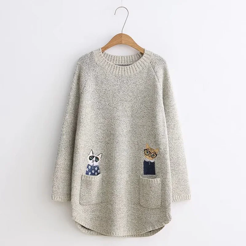 Sweater Women Winter 2019 Two Pockets Cat Pattern Embroidery And Pullovers Long Sleeve Knitted Sweaters Female | Женская одежда