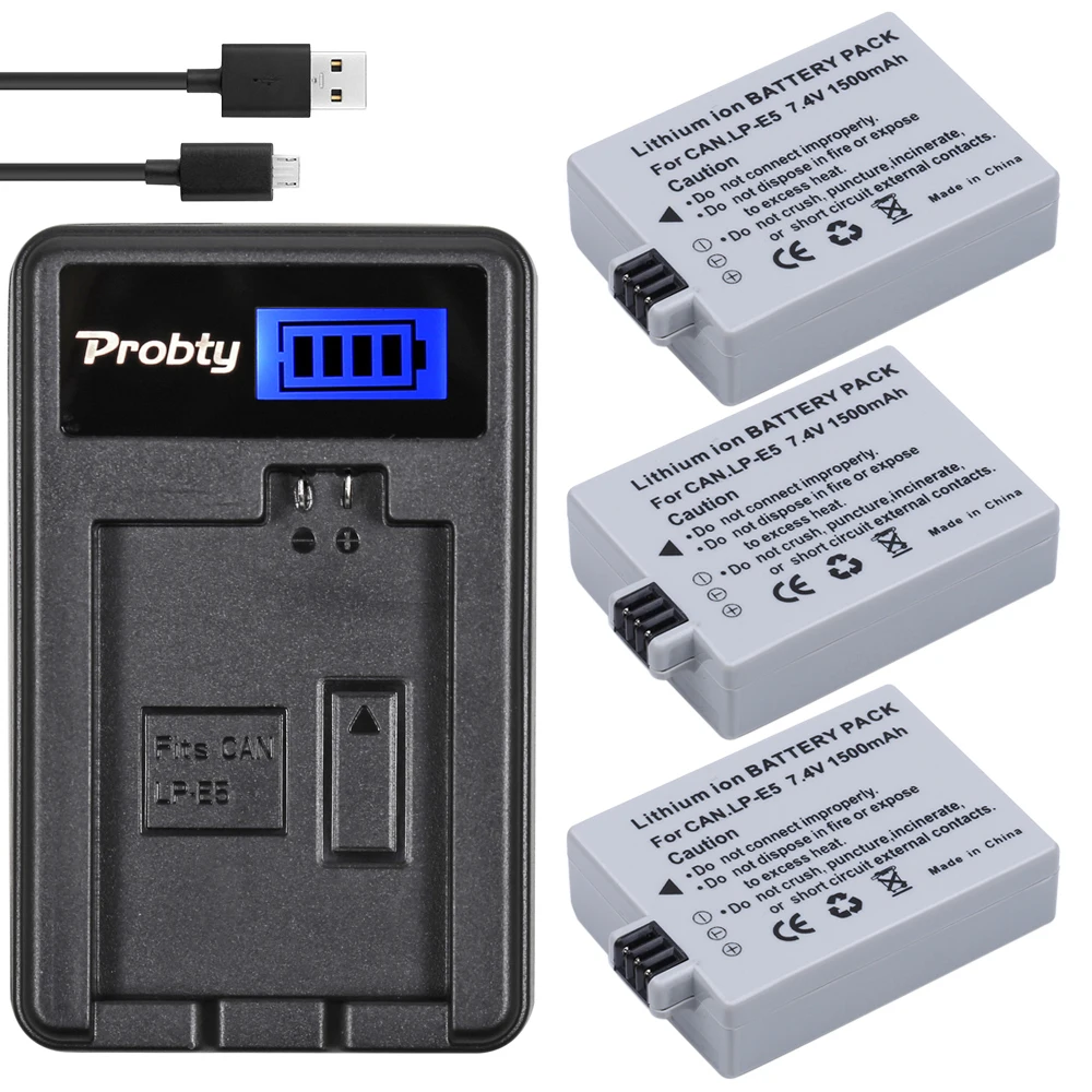 3 шт. PROBTY LP-E5 LP E5 LPE5 батарея + ЖК-зарядное устройство USB для Canon EOS 450D 500D 1000D Rebel XS XSi T1i KISS X2 X3 F SLR камера