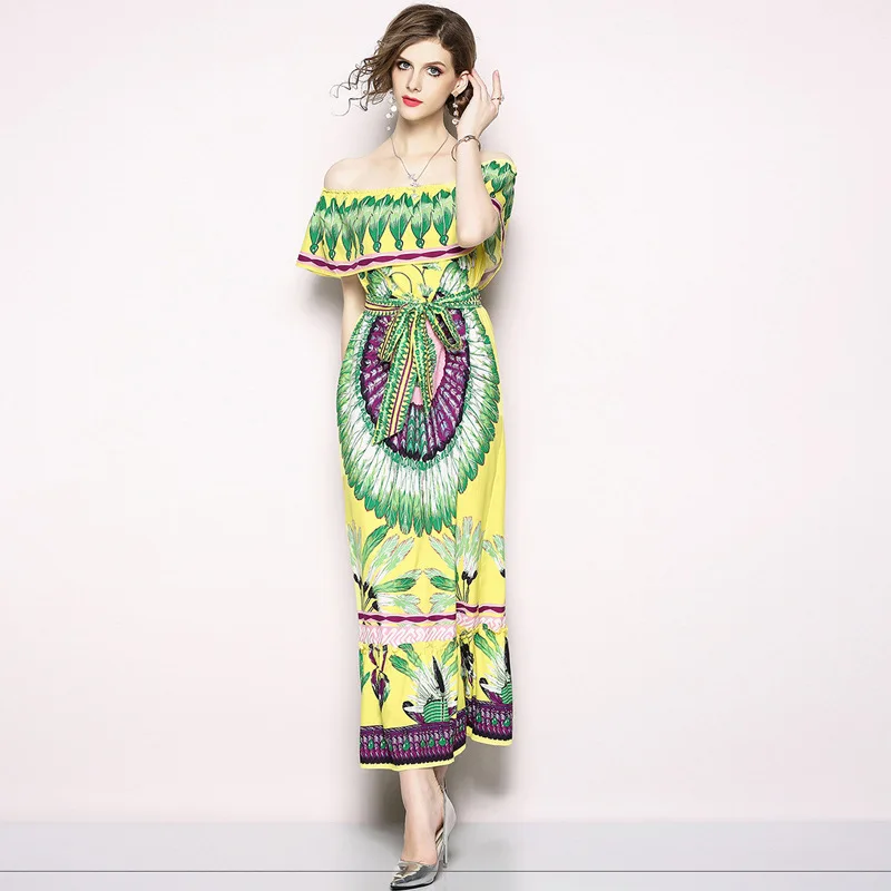 Летнее зеленое платье без рукавов с принтом Длинные вечерние платья в стиле