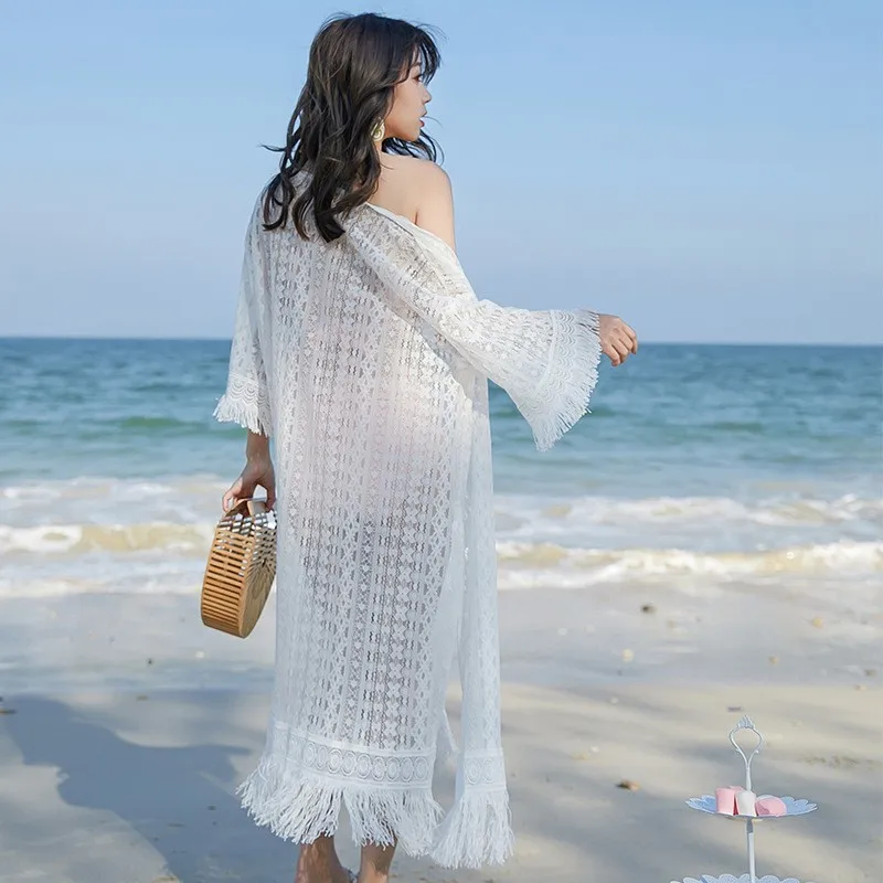 

New 2019 Summer Women Long Beach Cover Up Holiday Sun Protect Swimwear Outwear Lace Hollow Out Thin Tassels Bathing Cover Ups