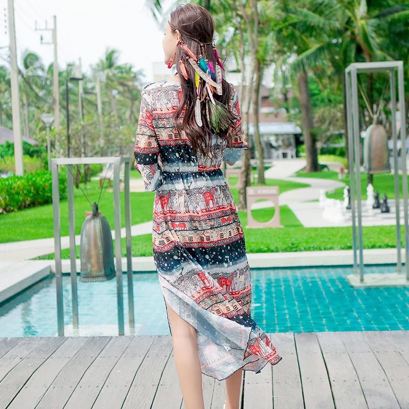 

Boho Spring Summer Floral Print Chiffon Long Dress Woman Fashion Loose Medium Sleeve Retro Beach Dresses Elegant Vestidos J122