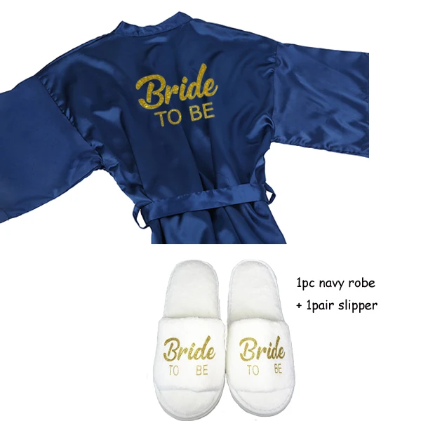 navy 2pc set Sisbigdey/комплект из 3 предметов для невесты; халат; тапочки; Атласный халат с поясом; женские блестящие золотые вечерние кимоно для невесты - Цвет: navy 2pc set
