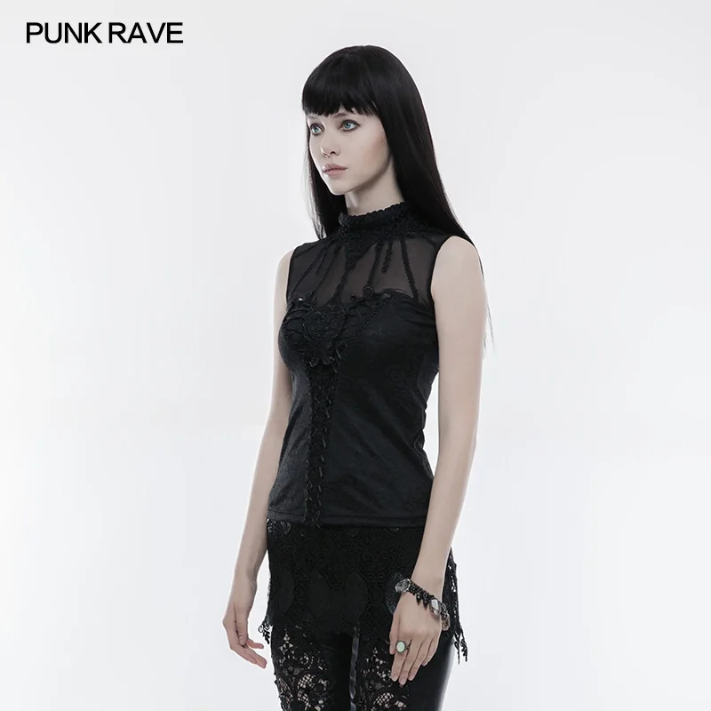 PUNK RAVE 2018 New Arrivals Women Sleeveless T-Shirt Gothic Gorgeous Fringed Lace Collar Draw String T-shirt | Женская одежда