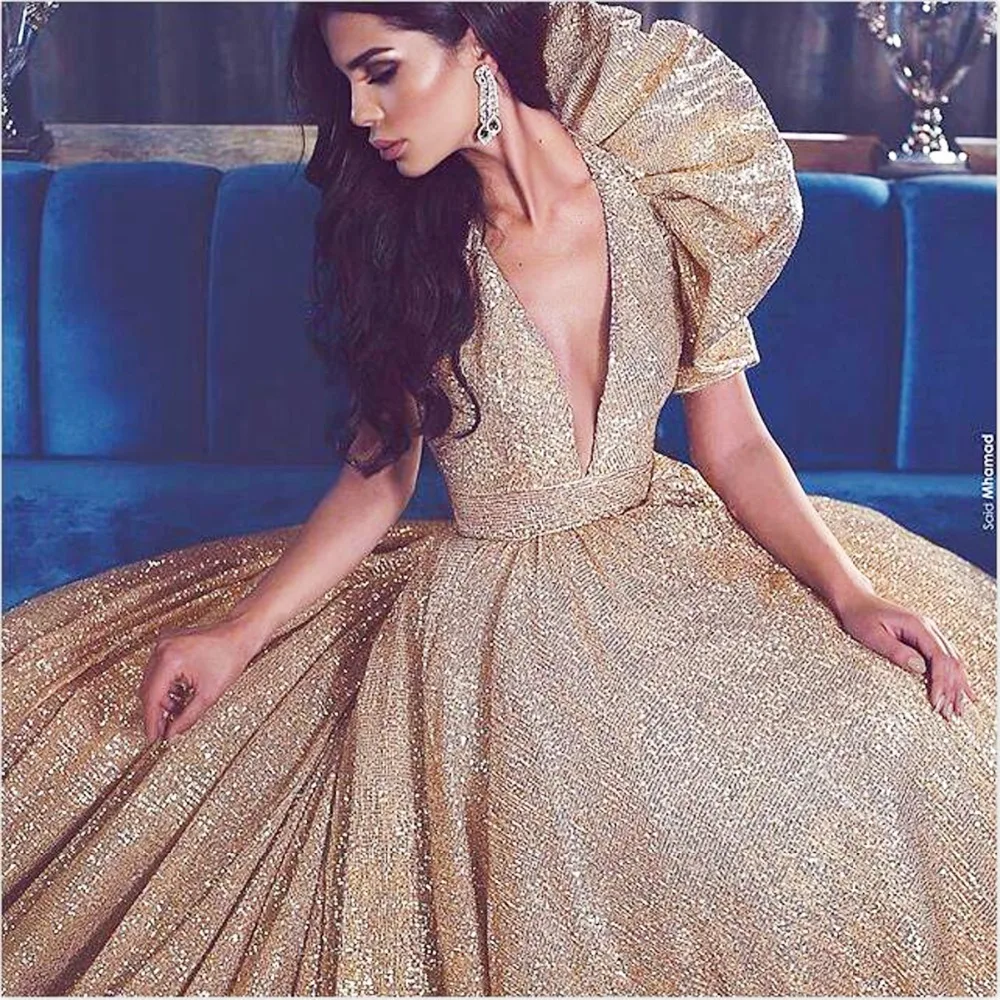 

robe de soiree Gold Evening Gowns Custom Made Elegant Long Formal Dress Pageant Dresses Sequins vestido de festa longo 2019