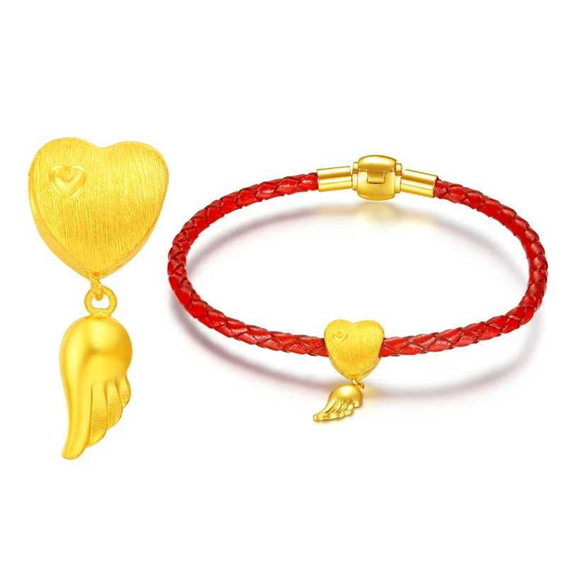 

Pure 3D 24K Yellow Gold Bracelet 999 Gold Heart Feather Bracelet