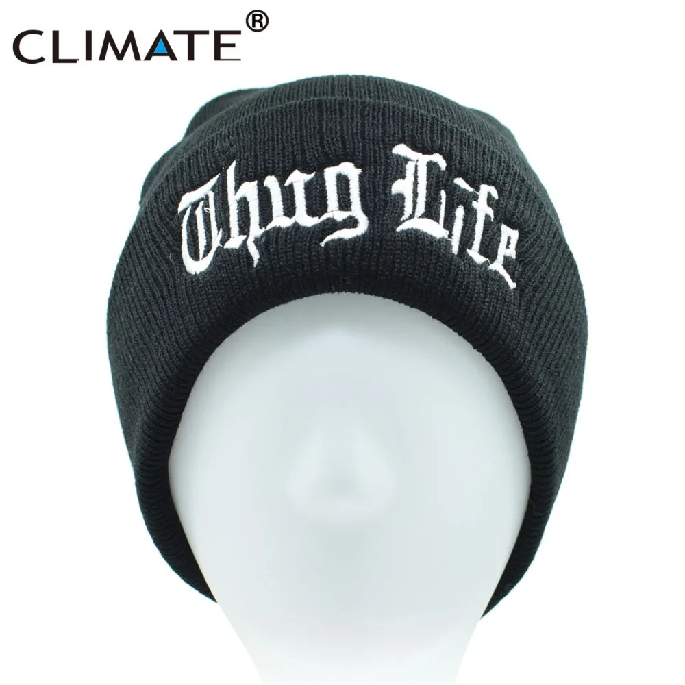 Климатическая Мужская Женская Зимняя Теплая Шапка бини THUG LIFE Black Knit Skullies Beanie