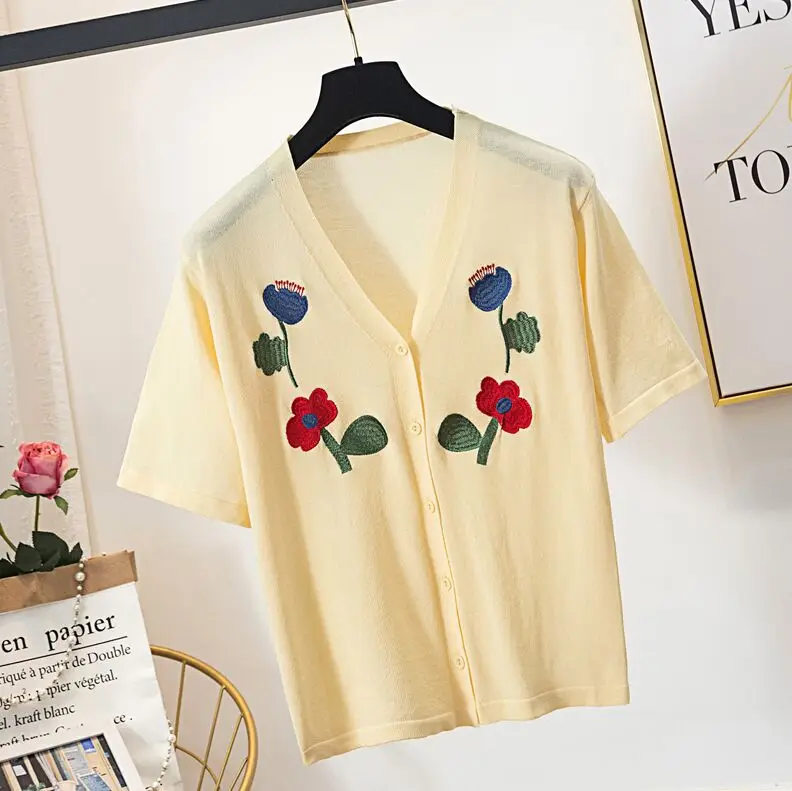 Light yellow Тонкий кардиган с вышивкой и коротким рукавом и v-образным вырезом для женщин; Новые Летние повседневные свободные однобортные свитера для девочек; сезон лето - Цвет: Light yellow