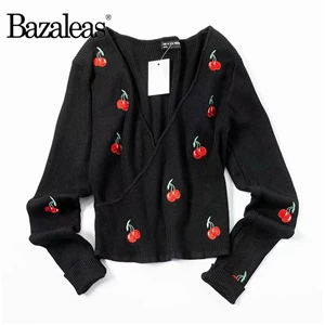 Свитер тонкий свитер основных Для женщин Повседневное черный вязаный кардиган Винтаж Cherry аппликации Для женщин трикотажные - Цвет: W2378 cherry