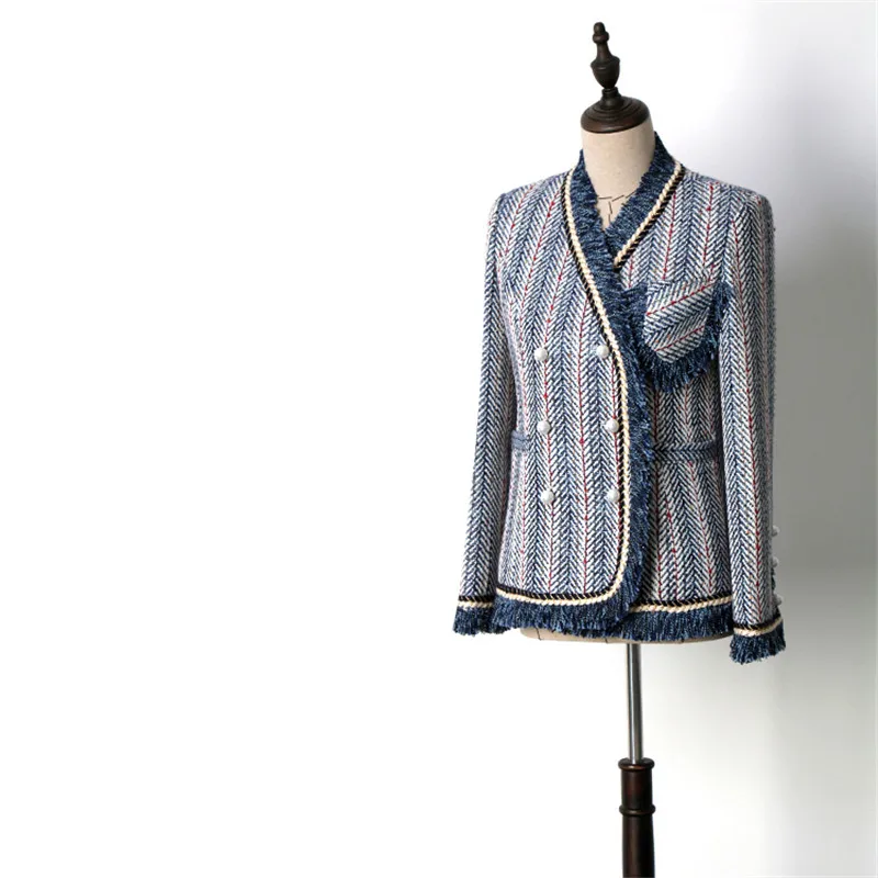 

Handmade Luxury Blazer Suits for Women Fashion Tweed Double Breasted Blue White Striped Tassel Blazers Coat