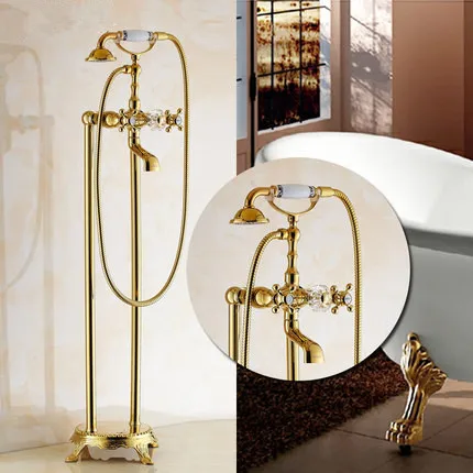 

Golden Bathtub Faucet Brass Vertical Landing Royal European Antique Hot Water Shower Set Standing Shower Set