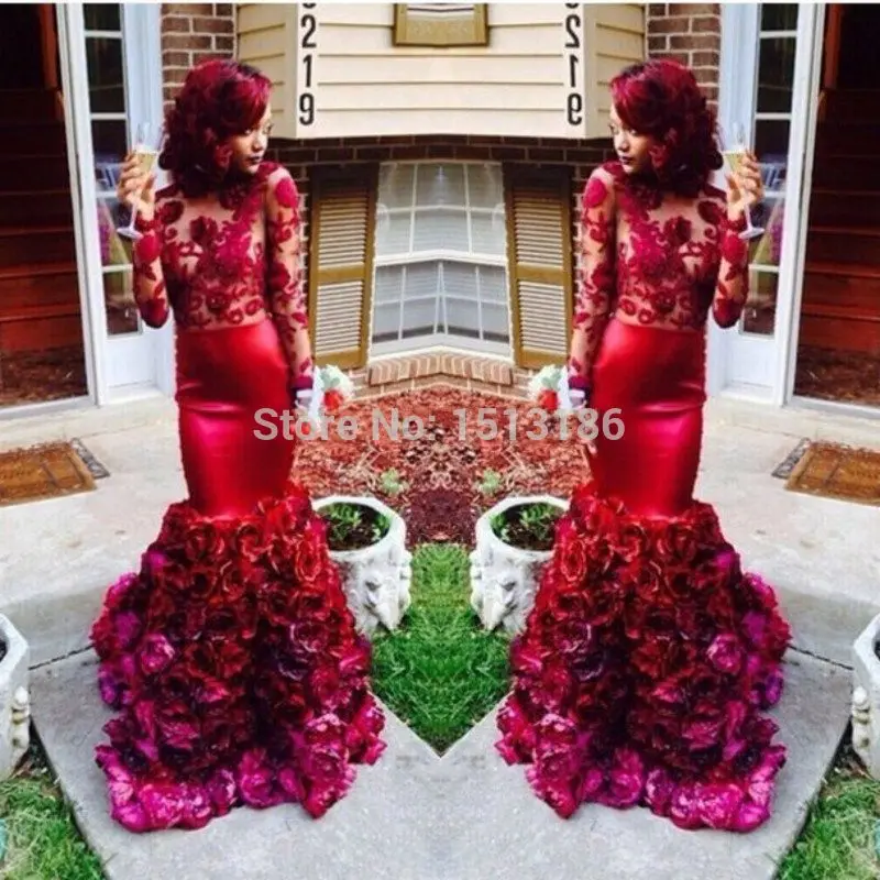 

Red Mermaid Prom Dresses 2015 Vestidos de festa Long Sleeves Evening Gowns Lace Appliques Amazing Women Formal Dress XYR122