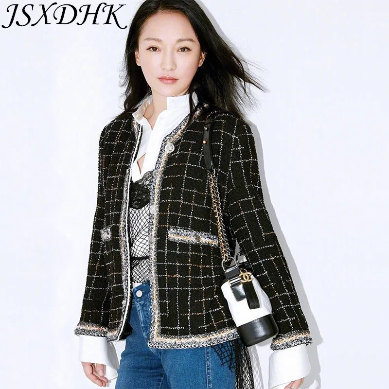 

JSXDHK Runway Designer Women Tweed Jacket Autumn Winter Plaid Black Tassel Weave Coat Vintage Single breasted Outerwear S-3XL