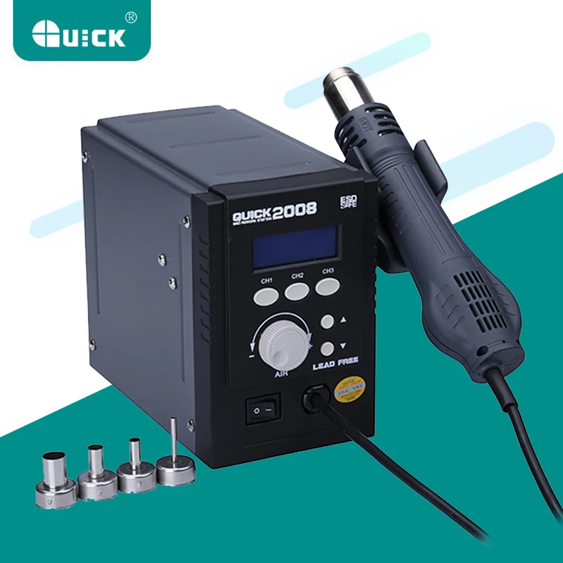 

Паяльная станция BGA QUICK 2008, 110 В/220 В, с горячим воздухом, бессвинцовая, интеллектуальный цифровой дисплей, регулируемая паяльная станция SMD