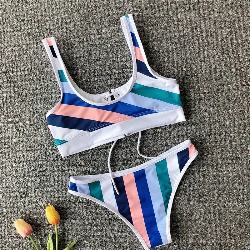 NAIDEY 2019 Sexy Bikinis Women Swimsuit Bandages Crop Tops Bikini Set New Strips print Beach Bathing Suit femme Swimwear L |