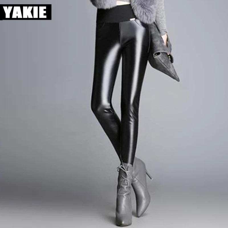 Женские облегающие брюки-Капри из искусственной кожи теплые бархатные