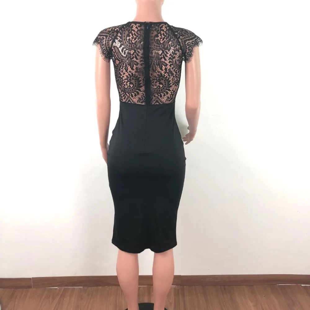

2021 Women's Fashion Sexy Pure Color Round collar Lace Splicing Tight Fitting Dress Summer Faldas Mujer vestidos