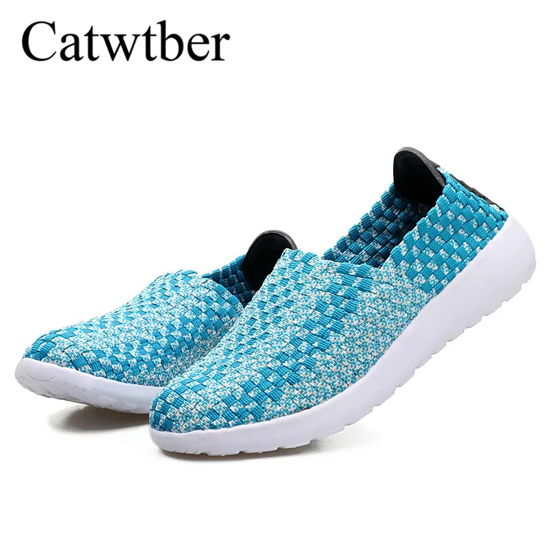 Catwtber Лето Для женщин на плоской платформе нейлон плетеные туфли женские ручной