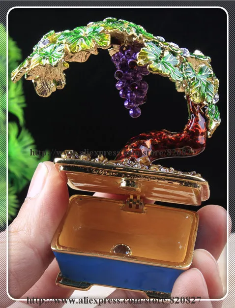 Bonsai Bordeaux Miniature Grape Vine Trinket Jewelry Keepsake Box Tree Handmade Jeweled Enameled Metal Trinket Box