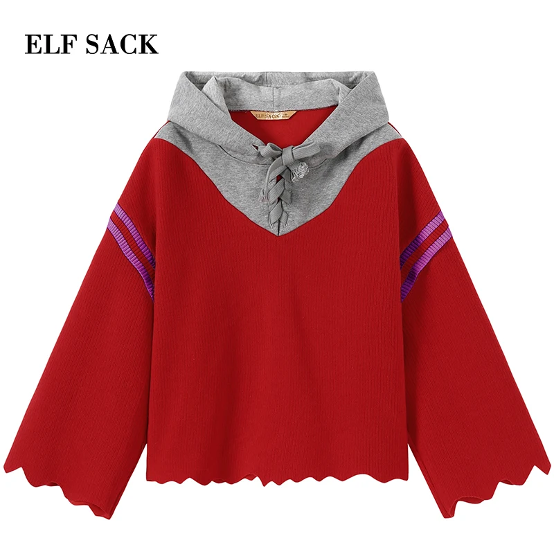 Женский свитер с капюшоном ELFSACK красный хлопковый Повседневный и длинным рукавом