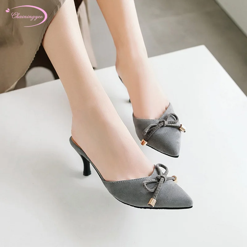 

Japanese sweet style sexy pointed toe summer slippers fashion bowknot slip-on black grey high heel women's shoes big size