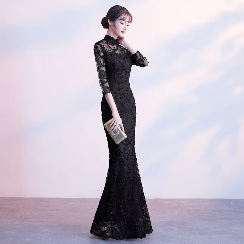 2018 черное китайское свадебное платье женское с длинным рукавом Cheongsam тонкое
