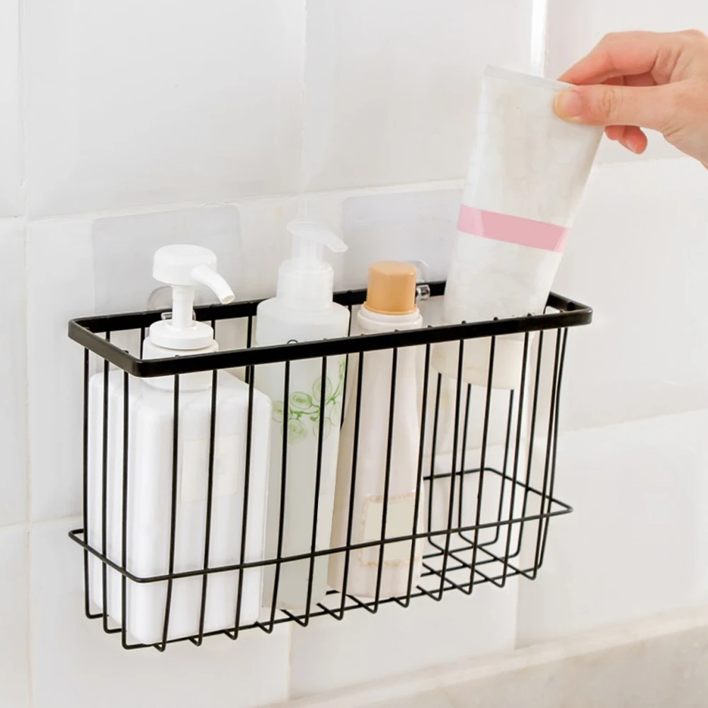 1PCs Kitchen Wall Mounted Iron Storage Basket Desktop Bathroom Sundries Hanging With Seamless Film | Дом и сад