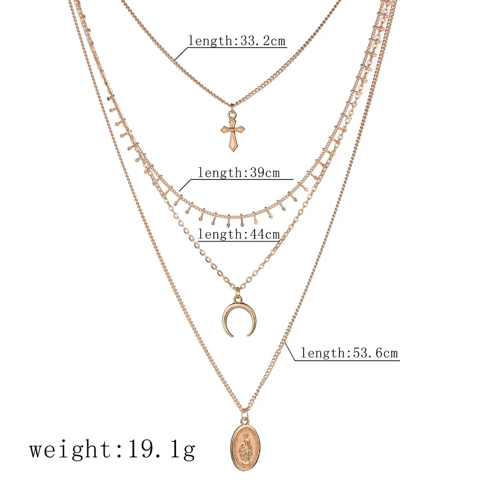 2019 NEW gold color sexy clavicle chain 4 layers tassel Moon Cross Jesus pendant statement Chokers Necklace women | Украшения и