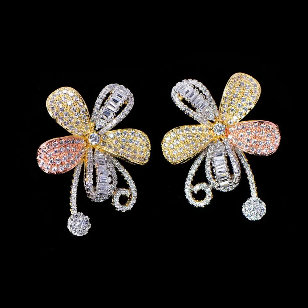Blucome, изысканные серьги-гвоздики, цветок, триколор, медь, циркон, ювелирные изделия для женщин, для свадьбы, банкета, вечерние, юбилейные аксессуары, подарок