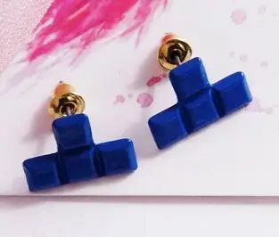 blue Timlee E171 оригинальность личности тетрис геометрические сплав серьги-гвоздики модные ювелирные изделия оптом - Окраска металла: blue