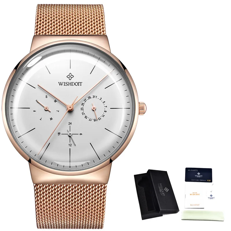 Rose gold white WISHDOIT мужские часы Топ бренд класса люкс мужские повседневные спортивные часы мужские Ультра-тонкие водонепроницаемые кварцевые наручные часы Relogio Masculino - Цвет: Rose gold white