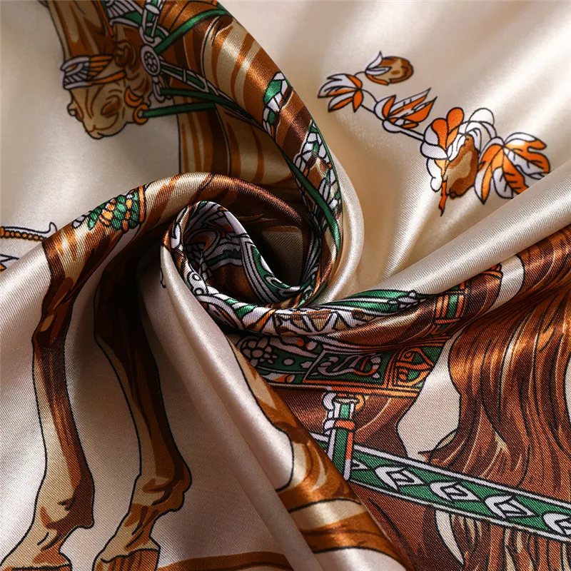 POBING Luxury Horse Print Hijab Women Satin Silk Scarf Shawl Foulard Femme Square Head Scarves Wraps 90*90CM |